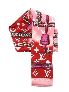 Authentic Louis Vuitton Red Silk Monogram Giant Confidential Bandeau Scarf 48”